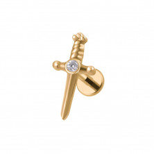Лабрет с накруткой Кинжал со стразом из титана Gold (интернальная резьба)
