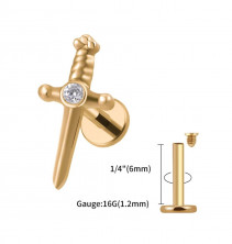 Лабрет с накруткой Кинжал со стразом из титана Gold (интернальная резьба)